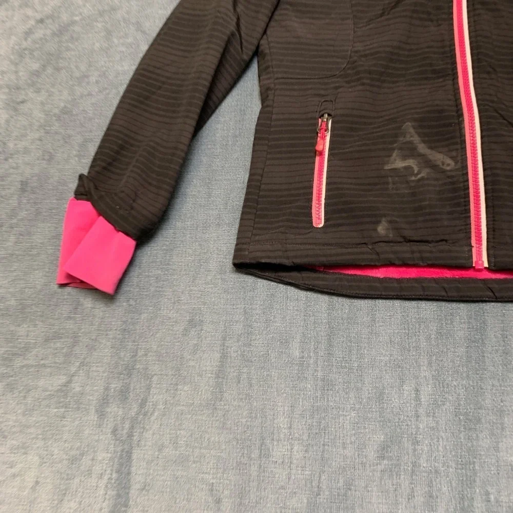 Snozu Softshell Jacket Girls S 7-8 Black Pink Sherpa Lined Hooded Thumb Holes